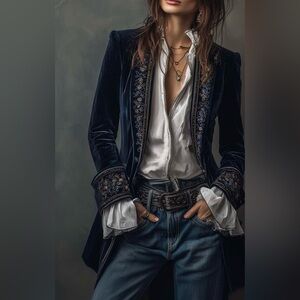 FUTARIO Vintage navy polyester velvet embroidered long jacket large